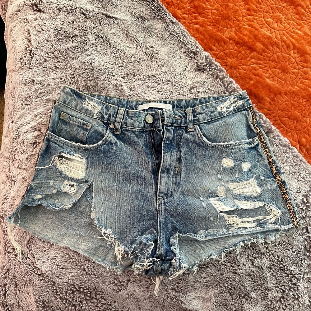 Zara Trafaluc denim shorts with leopard side size 6